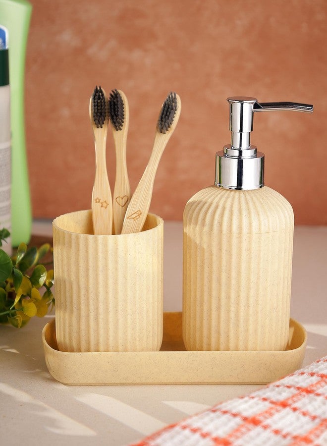 SHENRON Bathroom Accessories Set of 3, Toothbrush Holder, Liquid Soap Dispenser & Tray, Unbreakable Plastic Organizer for Sink & Bathroom Essentials, Handwash, Sanitizer, Shampoo, Lotion (Beige) - Image 2